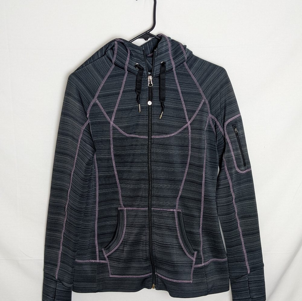 Athleta Striped Strength Hoodie Jacket,Charcoal Grey Heath SIZE M  #151598 N0206
